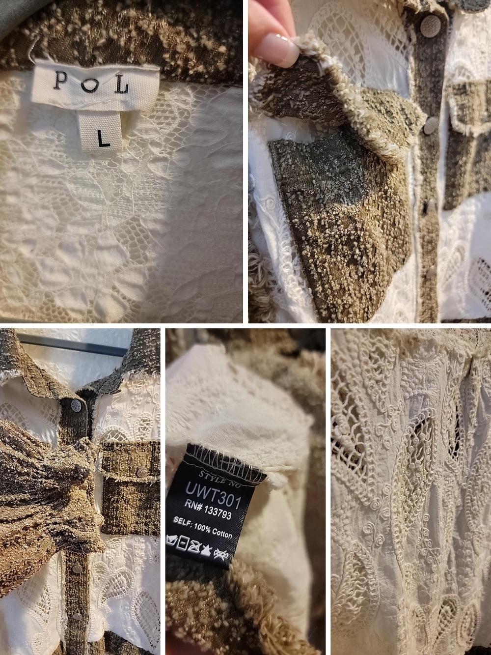 POL Boho Lace Patchwork Textured Button Front Top Jacket Shacket Brown Ivory - Picture 4 of 5